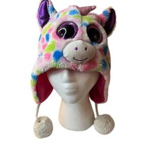 Colorful Unicorn Plush Hat With Pom Poms & Horn